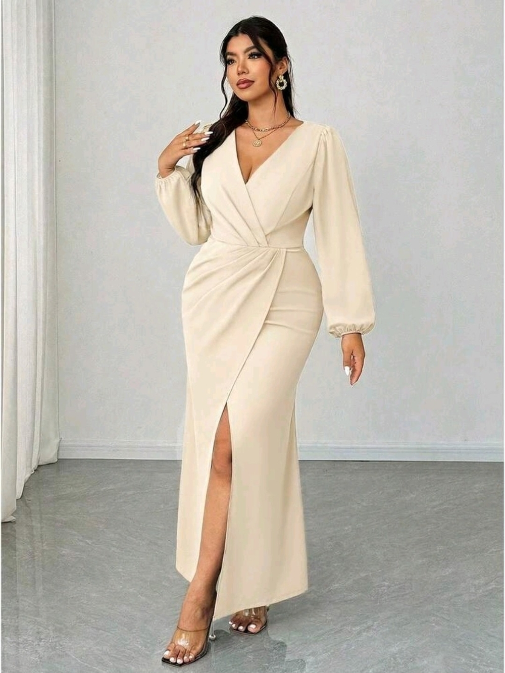 Elegant Cream Long Sleeve Wrap Maxi Dress Size CURVE 5X NWOT